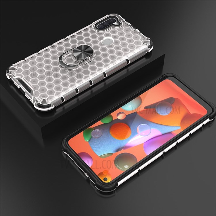 Finger Ring Kickstand Honeycomb Pattern TPU + PC Hybrid Shell for Samsung Galaxy A11 - White-13