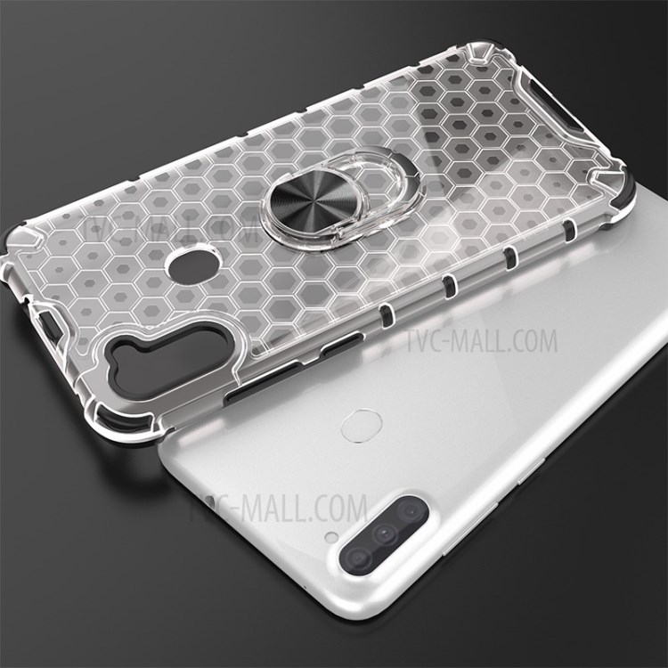 Finger Ring Kickstand Honeycomb Pattern TPU + PC Hybrid Shell for Samsung Galaxy A11 - White-5