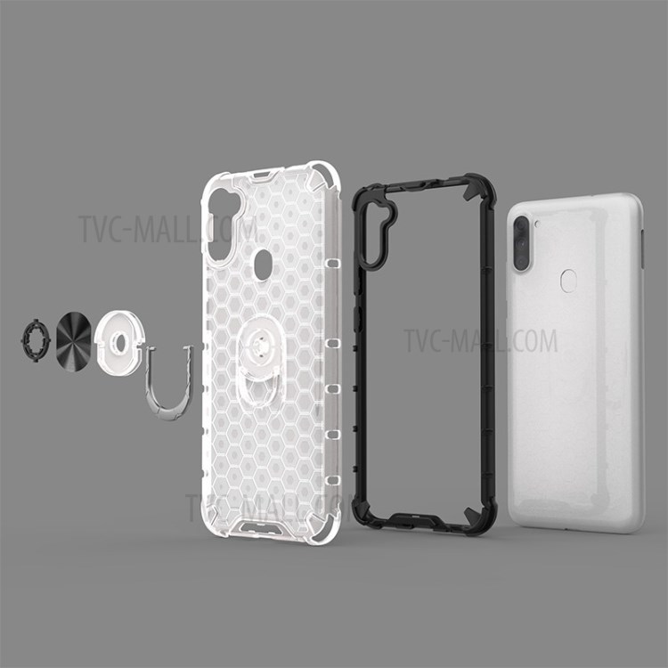 Finger Ring Kickstand Honeycomb Pattern TPU + PC Hybrid Shell for Samsung Galaxy A11 - White-7