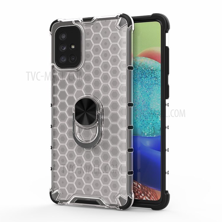 Finger Ring Kickstand Honeycomb Pattern TPU + PC Hybrid Case for Samsung Galaxy A71 SM-A715 - White-1