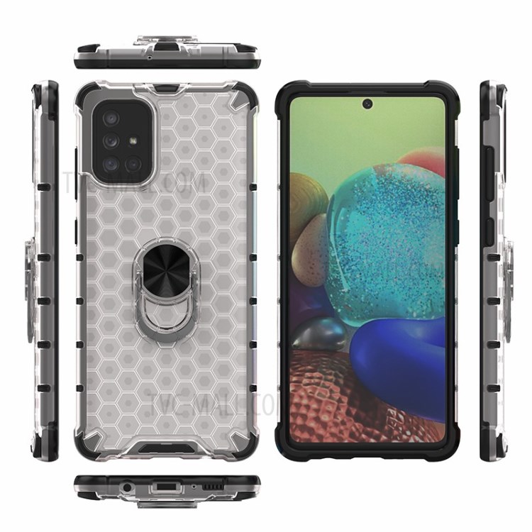 Finger Ring Kickstand Honeycomb Pattern TPU + PC Hybrid Case for Samsung Galaxy A71 SM-A715 - White-2