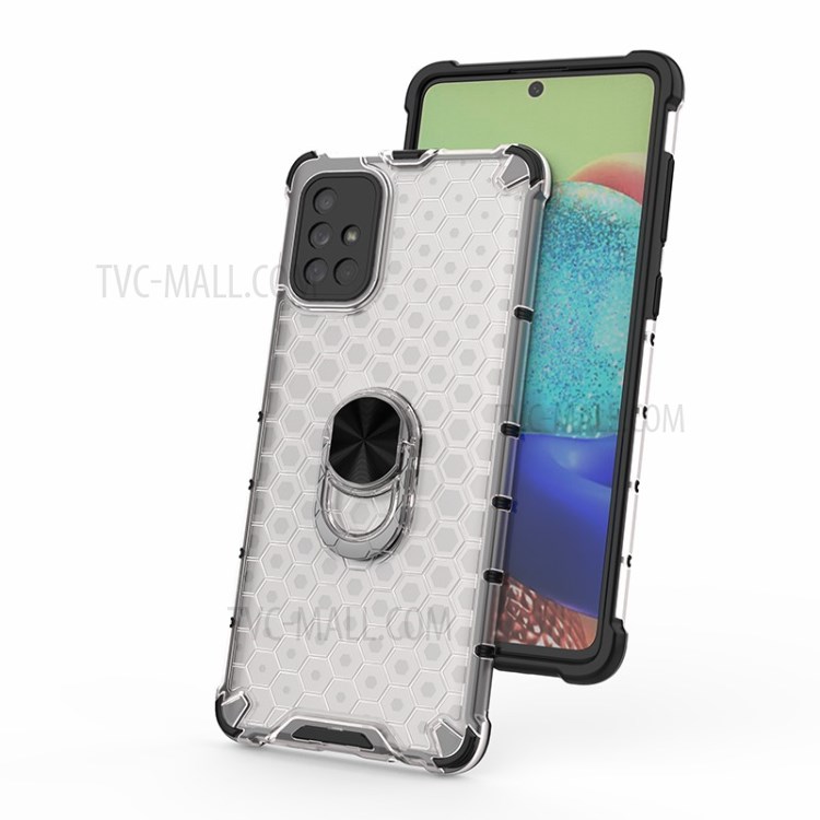 Finger Ring Kickstand Honeycomb Pattern TPU + PC Hybrid Case for Samsung Galaxy A71 SM-A715 - White-3