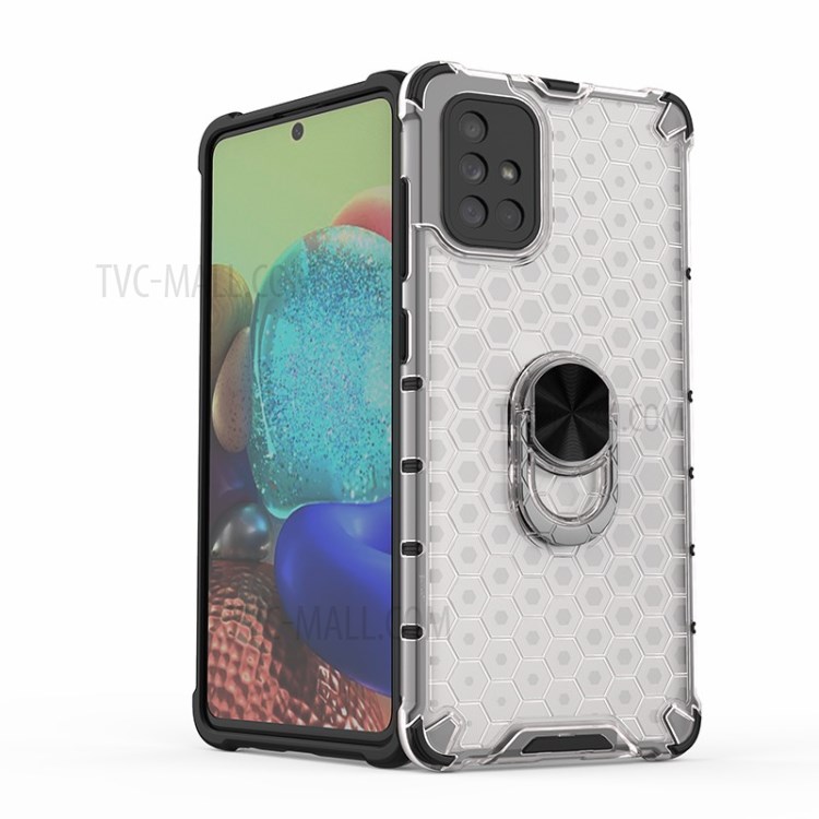 Finger Ring Kickstand Honeycomb Pattern TPU + PC Hybrid Case for Samsung Galaxy A71 SM-A715 - White-4