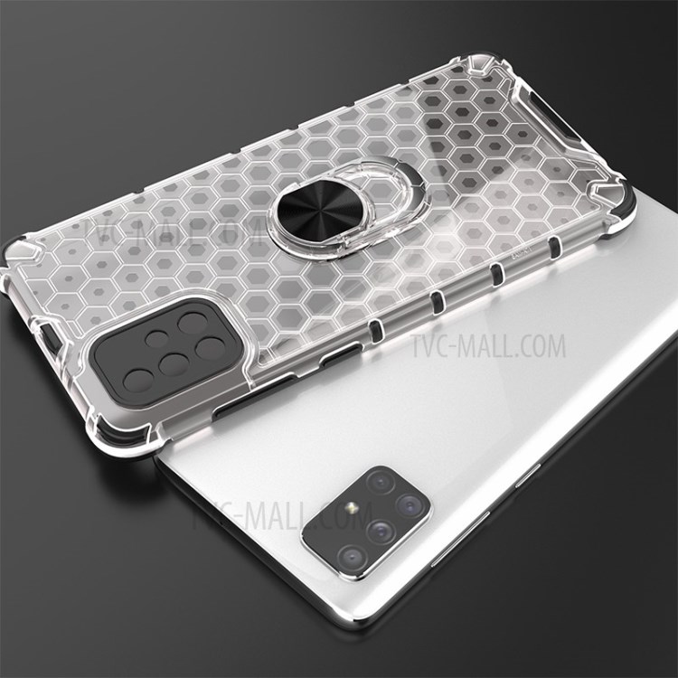 Finger Ring Kickstand Honeycomb Pattern TPU + PC Hybrid Case for Samsung Galaxy A71 SM-A715 - White-7