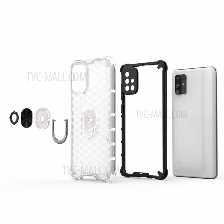 Finger Ring Kickstand Honeycomb Pattern TPU + PC Hybrid Case for Samsung Galaxy A71 SM-A715 - White-9