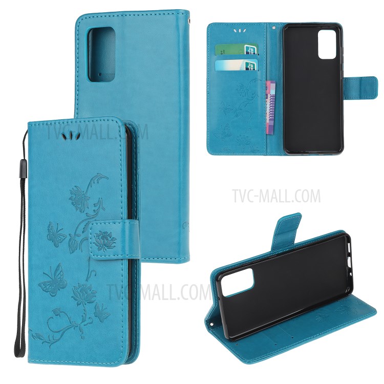 Imprint Butterfly Flowers Leather Wallet Phone Cover for Samsung Galaxy Note 20 - Blue-1