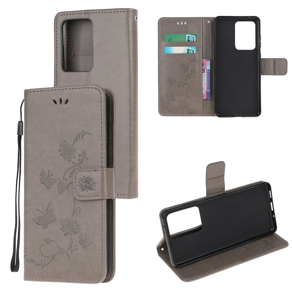 Impression Étui De Protection En Cuir Portefeuille Fleurs Papillon Pour Samsung Galaxy Note 20 Plus / 20 Pro - Gris-1