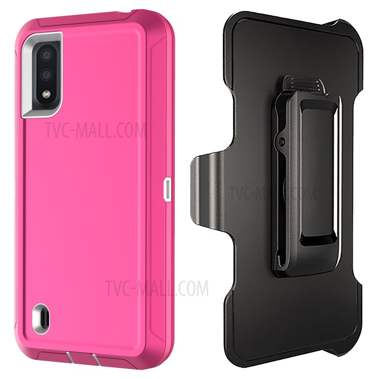 Shockproof PC + TPU Hybrid Case with Belt Clip Kickstand for Samsung Galaxy A01 - Pink/White-2