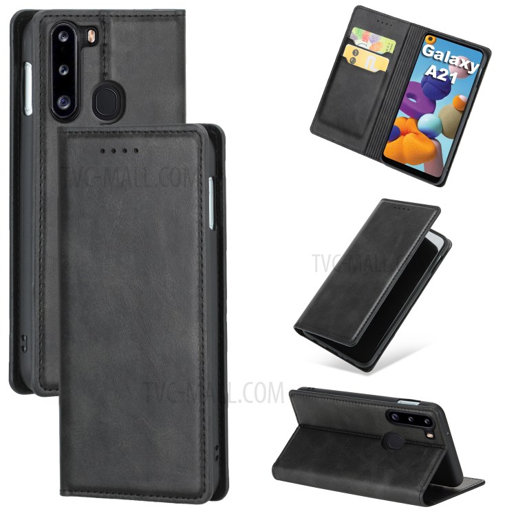 Auto-absorbed Leather Card Holder Phone Case for Samsung Galaxy A21 - Black-1