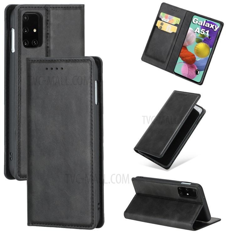 Auto-absorbed Card Slots Stand Leather Cover for Samsung Galaxy A51 SM-A515 - Black-1