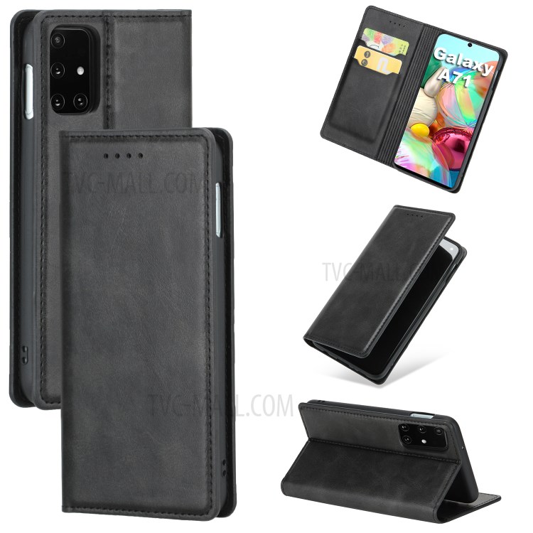 Auto-absorbed Card Holder Stand Leather Case for Samsung Galaxy A71 SM-A715 - Black-1