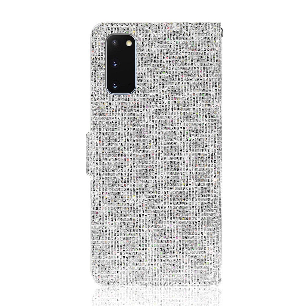 Glitzernde Pulverspleißen Brieftasche Lederabdeckung Für Samsung Galaxy S20 4G/S20 5G - Silber-