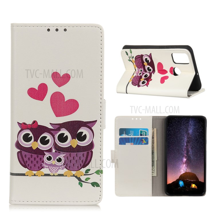 Pattern Printing Leather Wallet Case for Samsung Galaxy A21s - Owls and Hearts-1