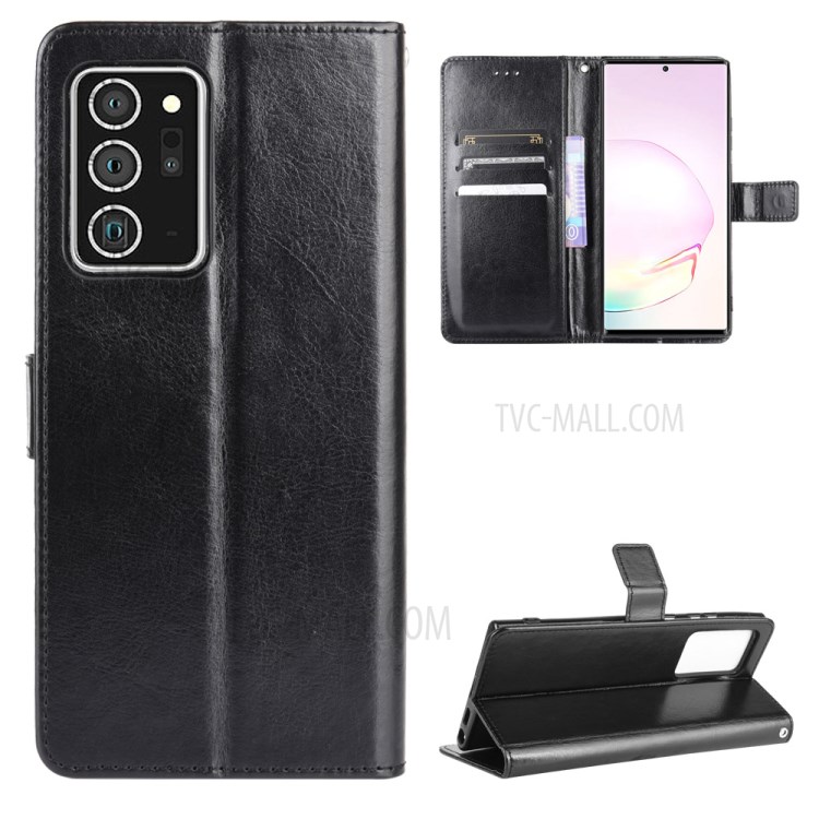 Crazy Horse PU Leather Shell Wallet Stand Protector Cover for Samsung Galaxy Note20 Ultra - Black-1