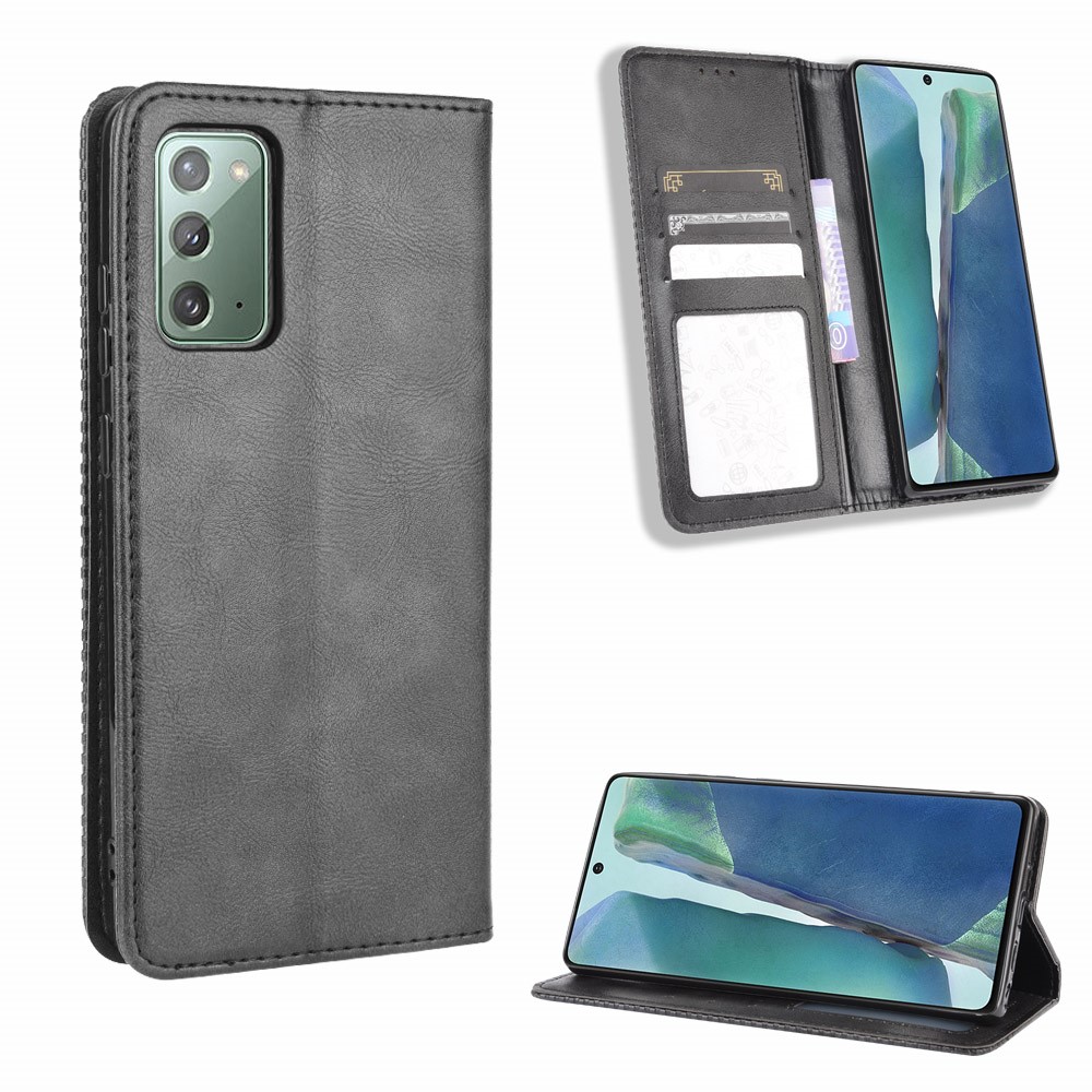 Auto-absorbed Retro Leather Wallet Phone Case for Samsung Galaxy Note 20 - Black-1