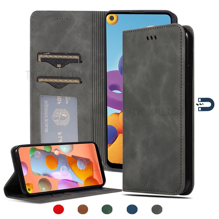 Auto-absorbed PU Leather Stand Phone Shell for Samsung Galaxy A21 - Black-1