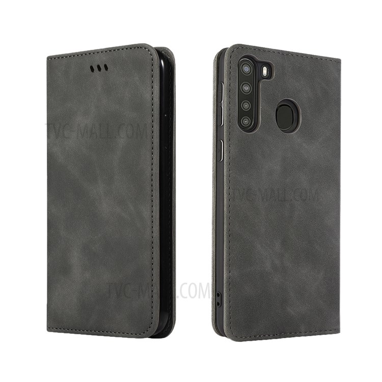 Auto-absorbed PU Leather Stand Phone Shell for Samsung Galaxy A21 - Black-2