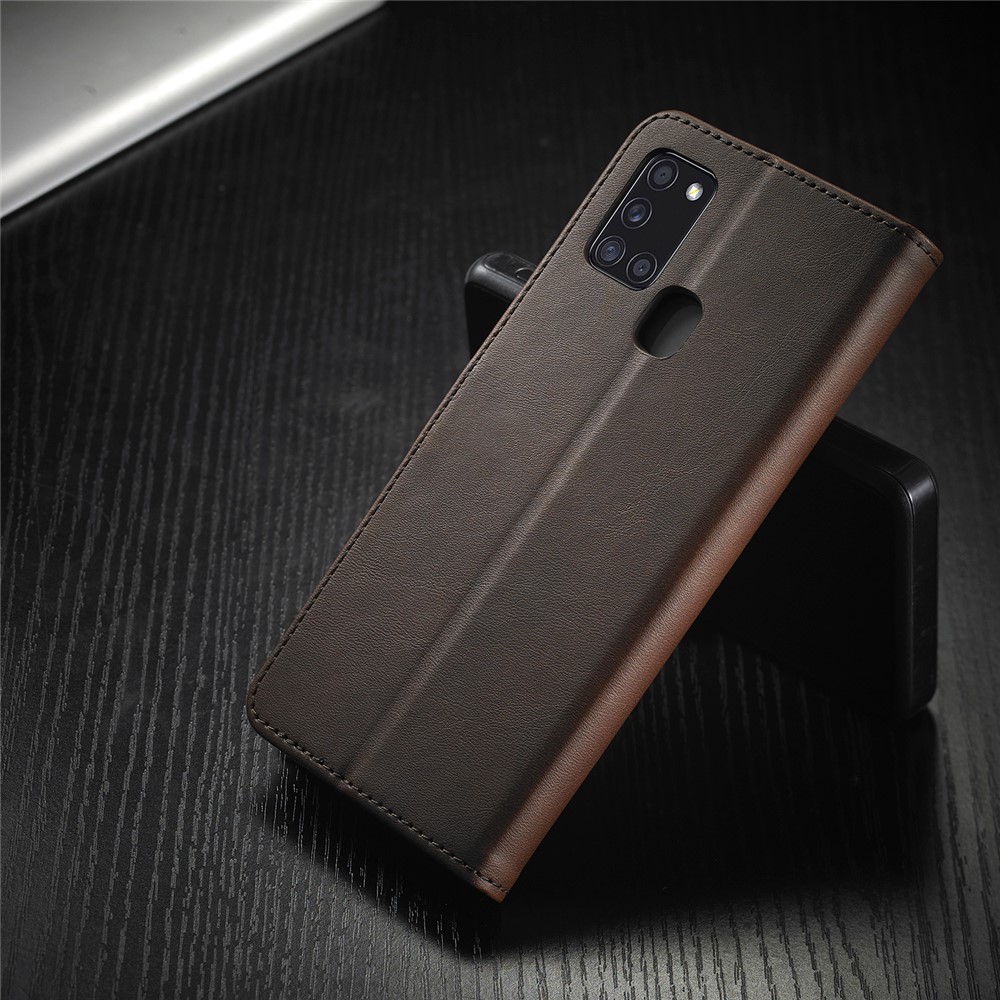 LC.IMEEKE Wallet Stand Leather Shell Mobile Phone Cover for Samsung Galaxy A21s - Coffee-10