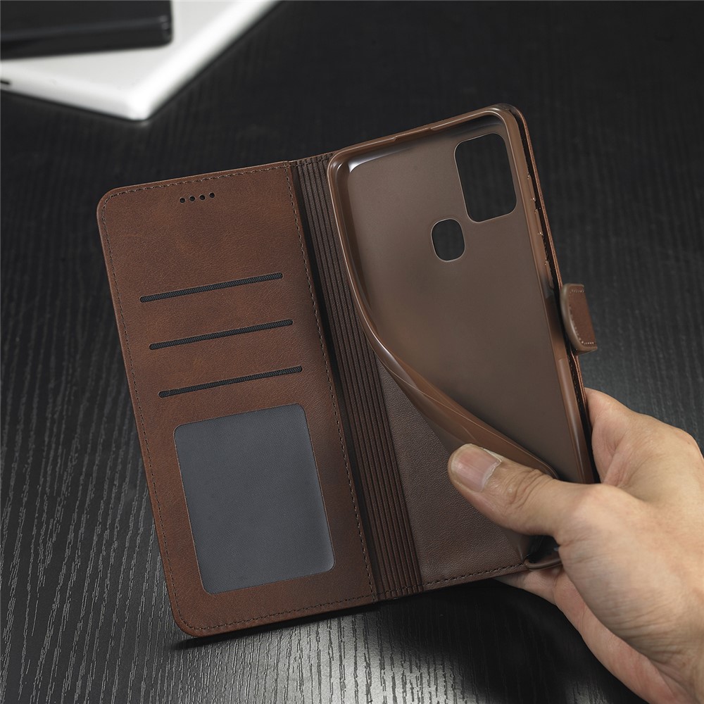 LC.IMEEKE Wallet Stand Leather Shell Mobile Phone Cover for Samsung Galaxy A21s - Coffee-12