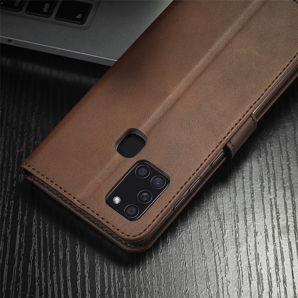 LC.IMEEKE Wallet Stand Leather Shell Mobile Phone Cover for Samsung Galaxy A21s - Coffee-15