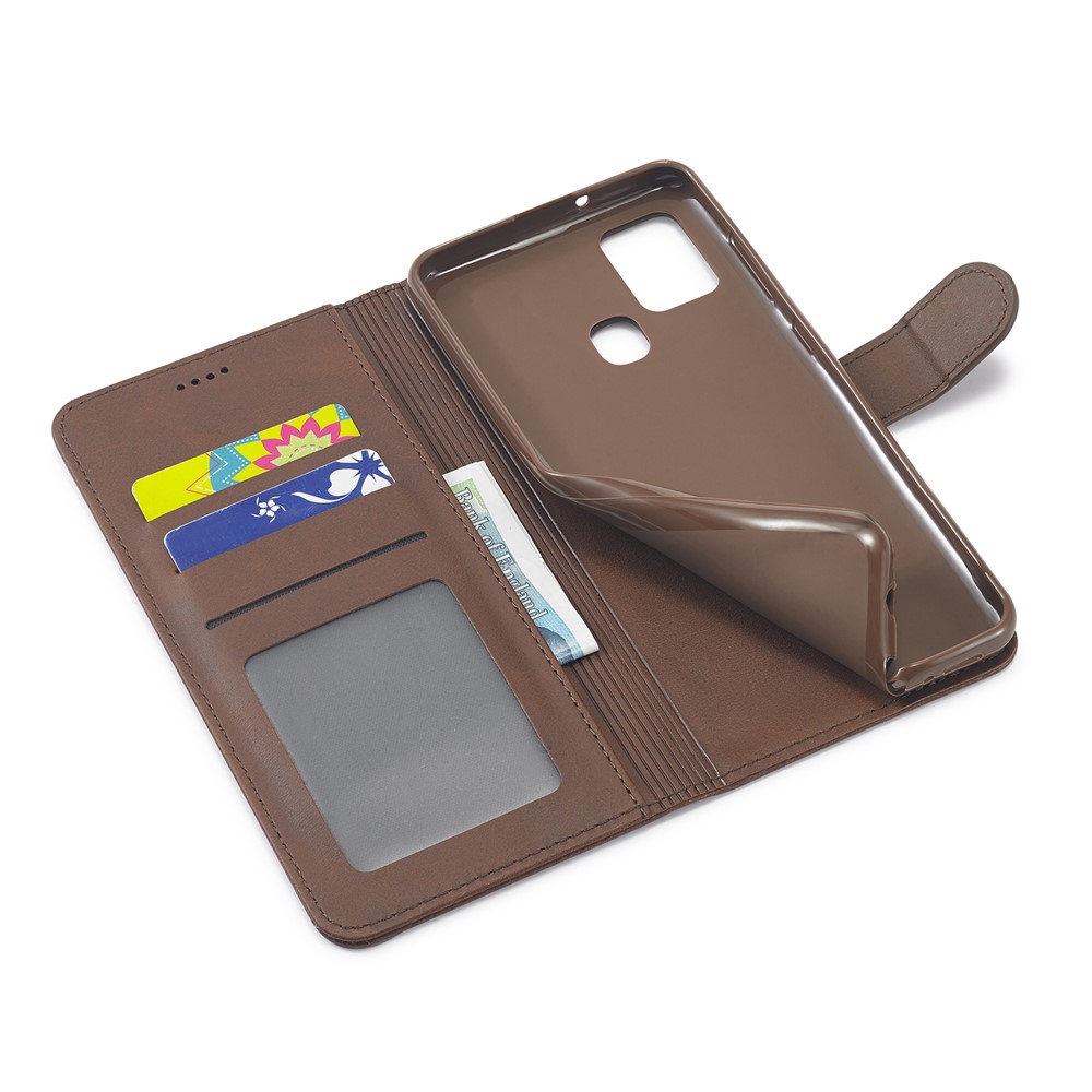 LC.IMEEKE Wallet Stand Leather Shell Mobile Phone Cover for Samsung Galaxy A21s - Coffee-5