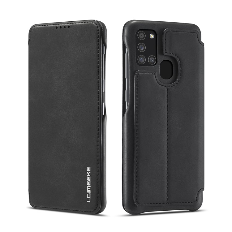 LC.IMEEKE Retro Style Leather Cover for Samsung Galaxy A21s - Black-1