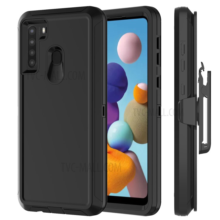 Detachable Shockproof Anti-fall Dust-proof PC + TPU Protective Case with Belt Clip for Samsung Galaxy A21 - All Black-1