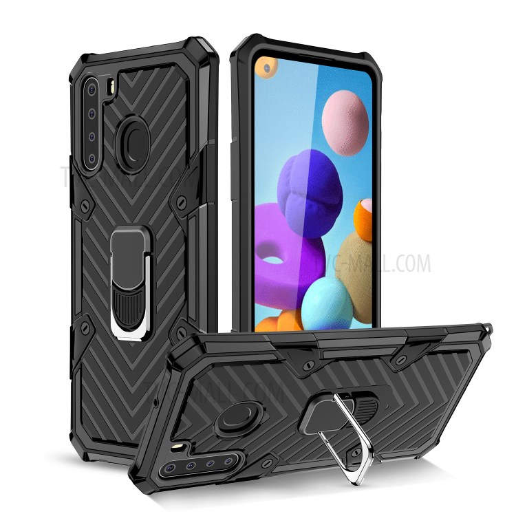 Rotatable Finger Ring Kickstand PC + TPU Combo Case for Samsung Galaxy A21 - Black-1