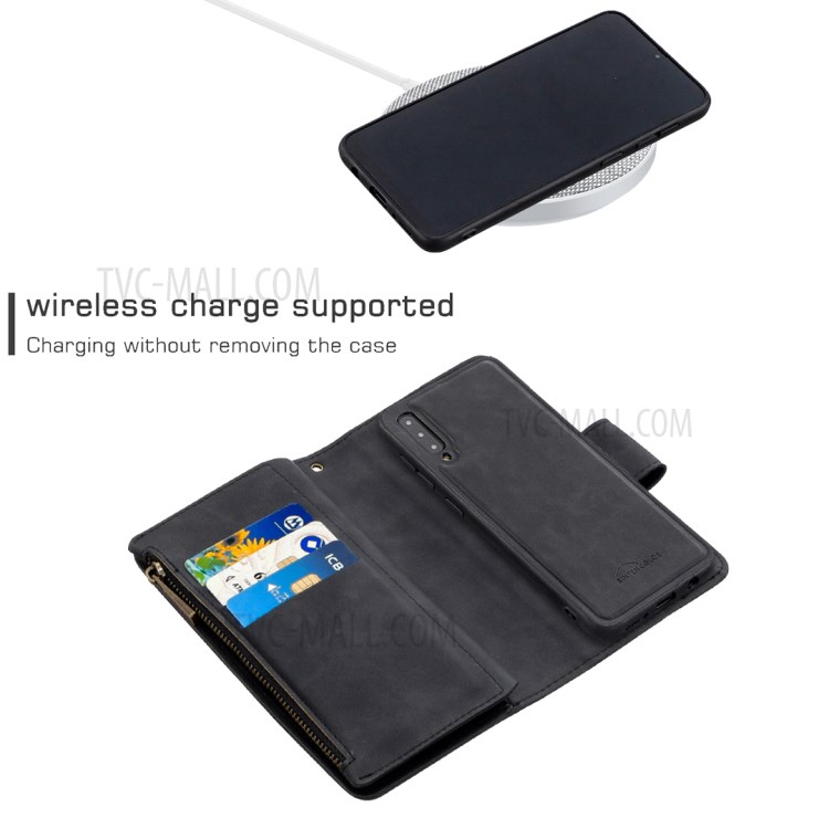 Pele Toque Sedoso BF02 9 Cartão Caso Slots De Couro Com Bolso Com Zíper Para Samsung Galaxy A50s / A30s / A50 - Preto-4