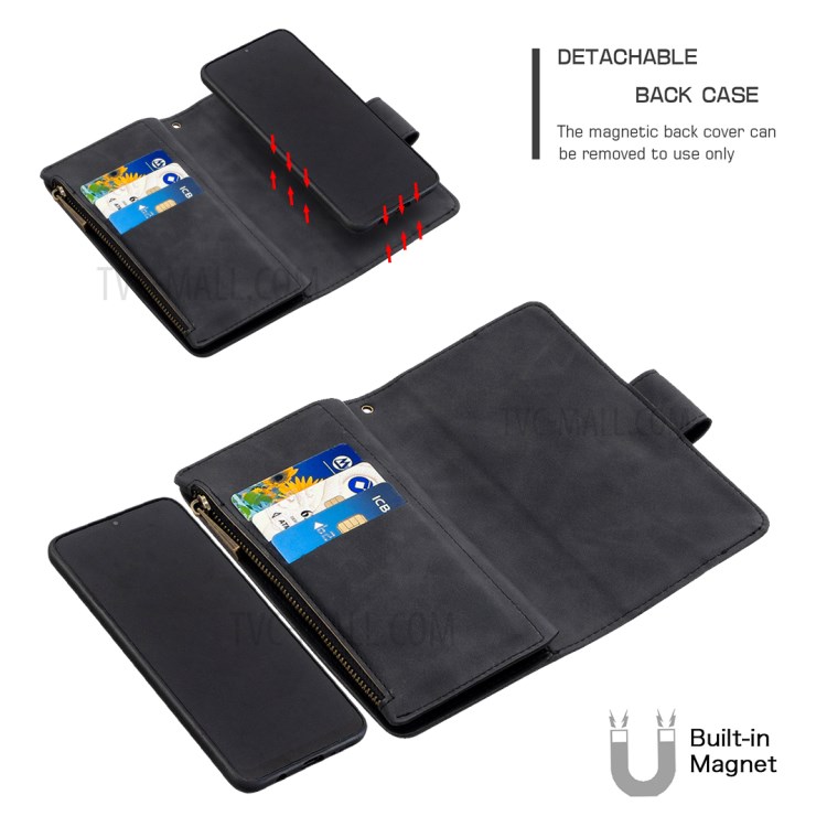Pele Toque Sedoso BF02 9 Cartão Caso Slots De Couro Com Bolso Com Zíper Para Samsung Galaxy A50s / A30s / A50 - Preto-7