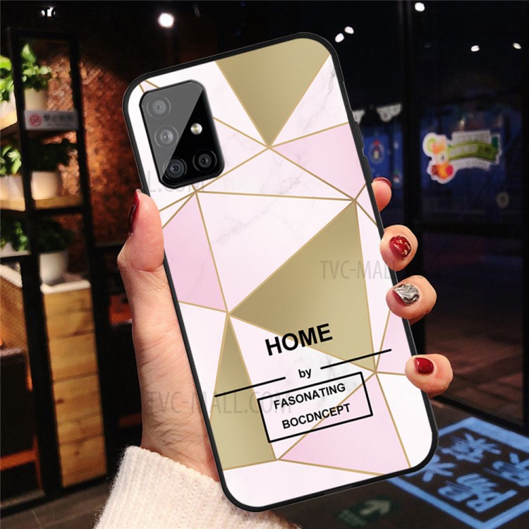 Matte Black TPU Unique Marble Skin Cover for Samsung Galaxy A51 SM-A515 - Pink/Gold Triangle-4