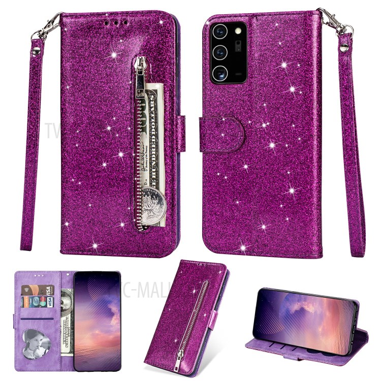 Flash Powder Style Leather Cover with Strap for Samsung Galaxy Note 20 Plus/Note 20 Pro - Purple-1