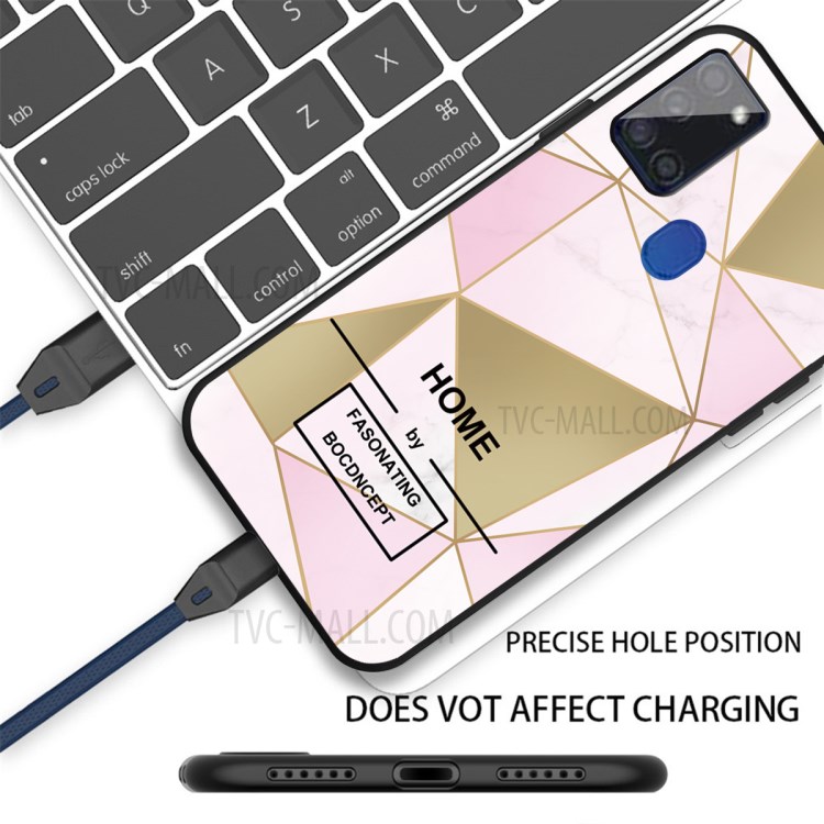 Matte Black TPU Unique Marble Skin Cover for Samsung Galaxy A21s - Pink/Gold Triangle-2