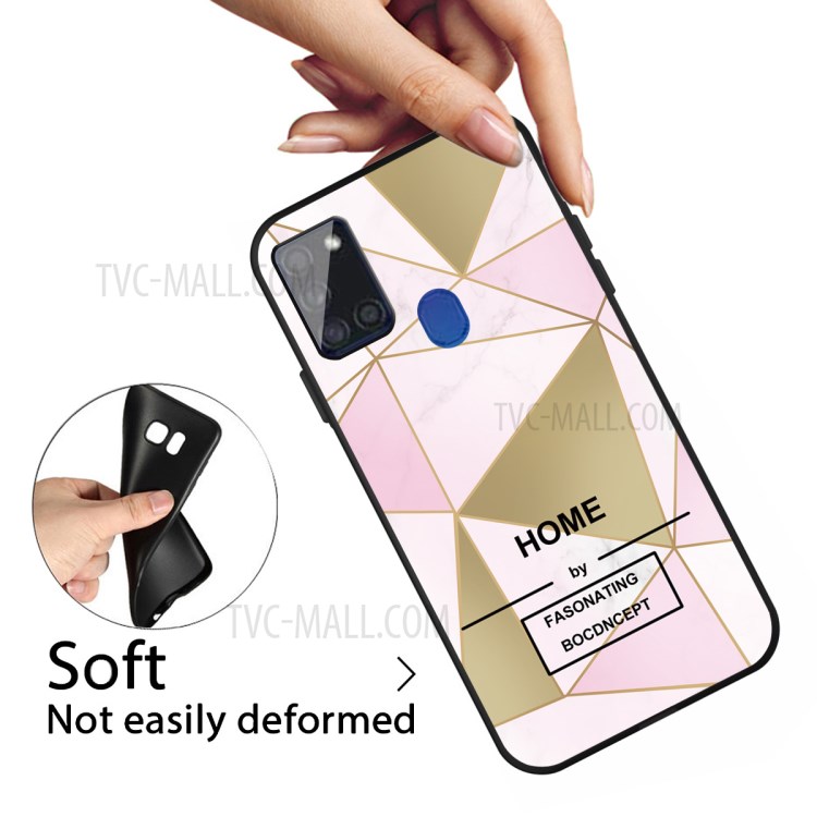 Matte Black TPU Unique Marble Skin Cover for Samsung Galaxy A21s - Pink/Gold Triangle-3