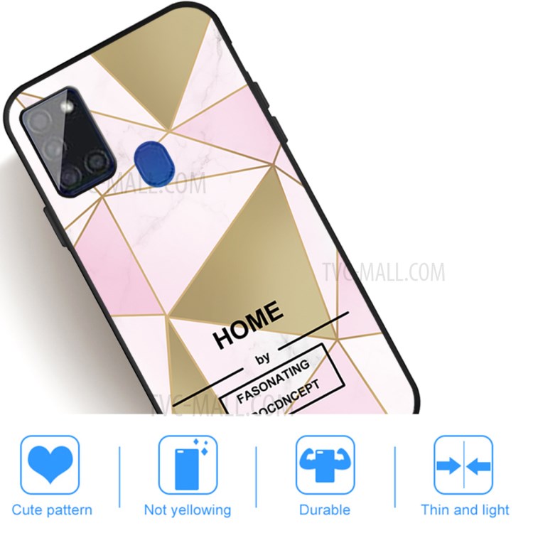 Matte Black TPU Unique Marble Skin Cover for Samsung Galaxy A21s - Pink/Gold Triangle-5