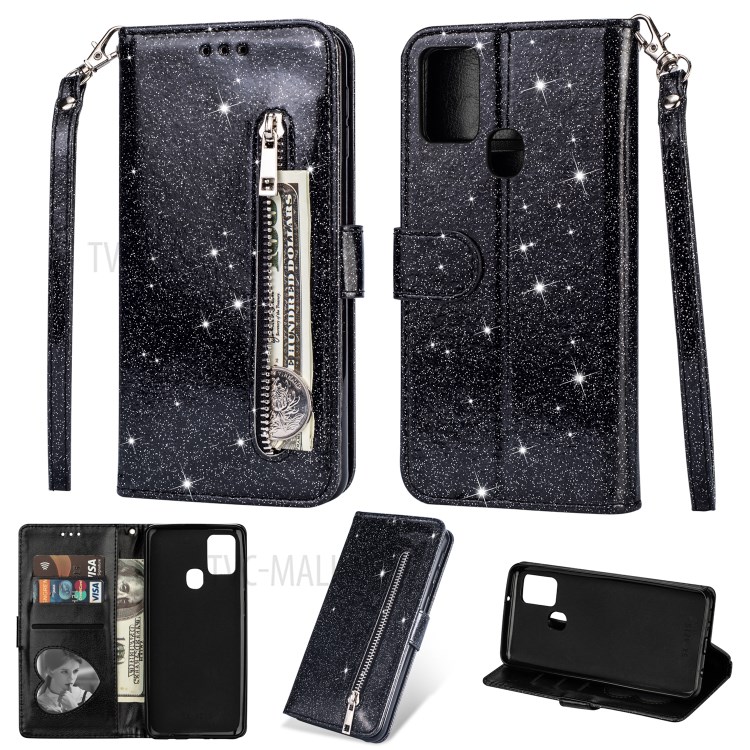 Flash Powder Zipper Pocket Wallet Flip Leather Phone Cover with Strap for Samsung Galaxy A21s - Black-1