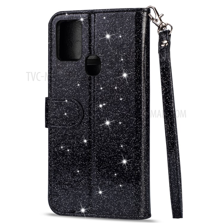 Flash Powder Zipper Pocket Wallet Flip Leather Phone Cover with Strap for Samsung Galaxy A21s - Black-2