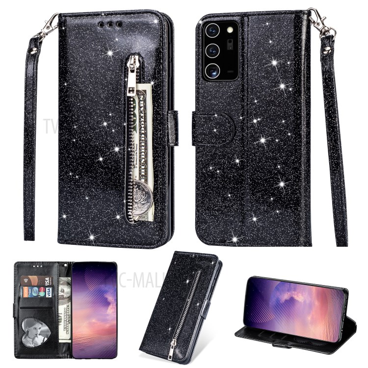 Flash Powder Zipper Pocket Wallet Flip Leather Phone Case with Strap for Samsung Galaxy Note 20 - Black-1