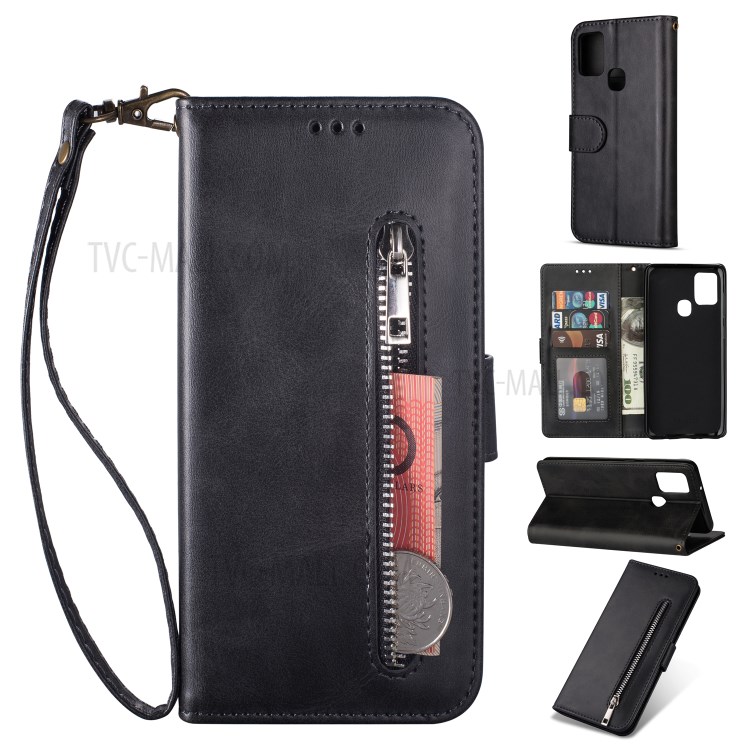 Zipper Pocket Leather Wallet Stand Case for Samsung Galaxy A21s - Black-1