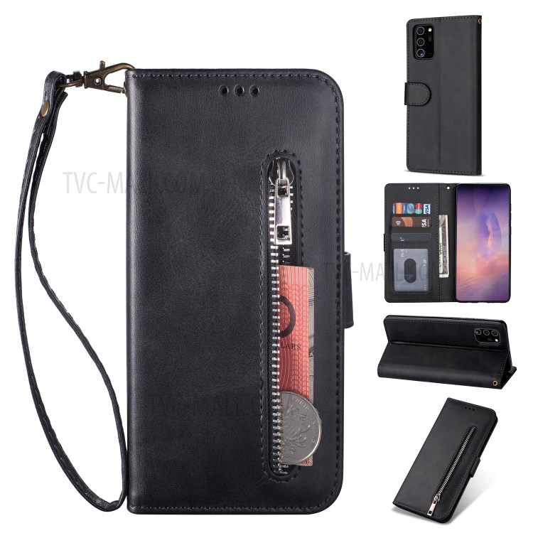 Zipper Pocket Leather Stand Case with Card Slots for Samsung Galaxy Note20 Ultra/Note20 Ultra 5G - Black-1