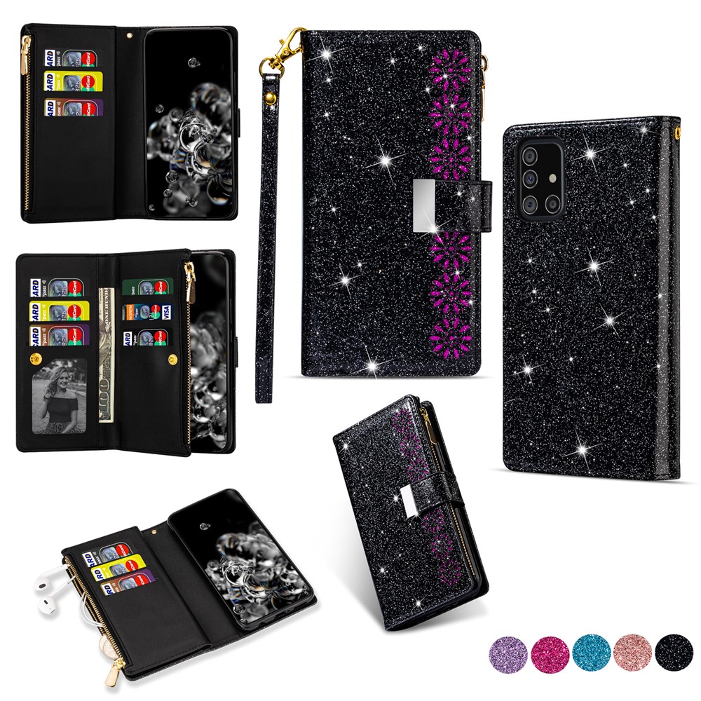 Glittery Starry Style Laser Carving Leather Unique Shell for Samsung Galaxy A31 - Black-1