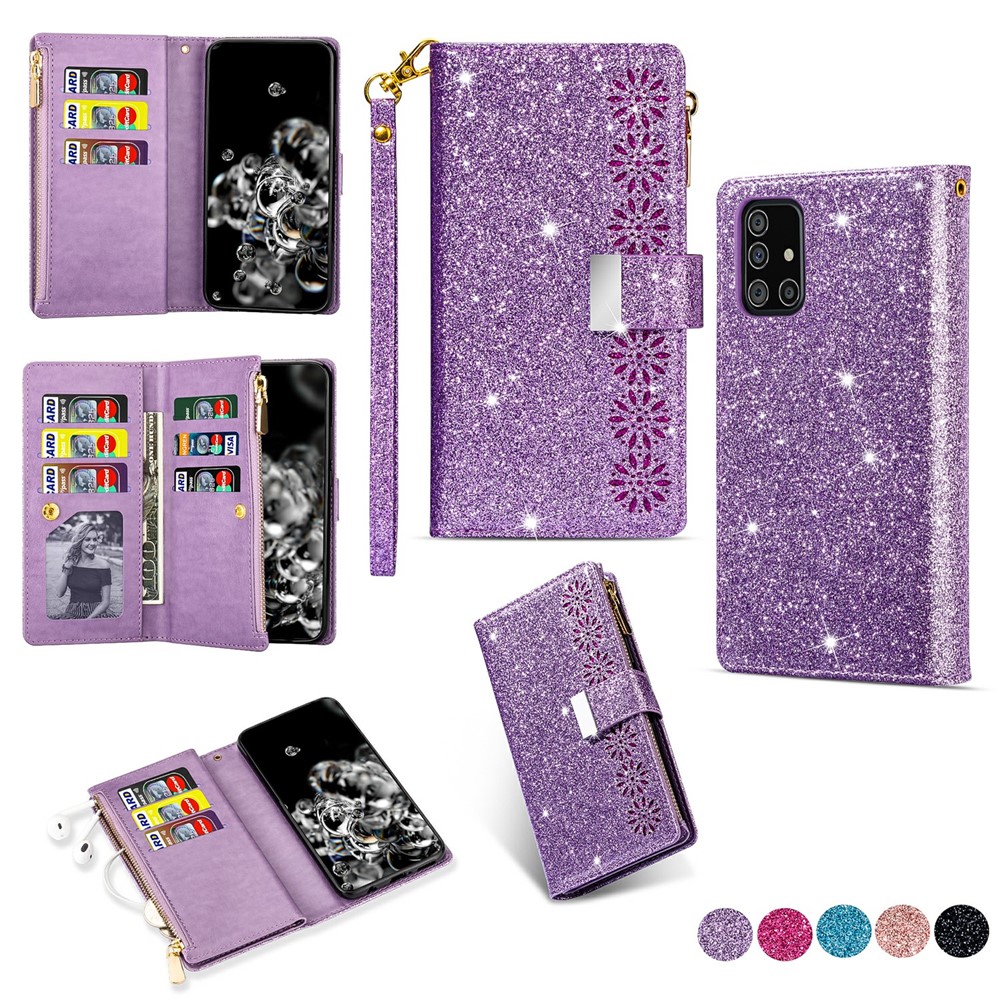 Glittery Starry Style Laser Carving Leather Unique Shell for Samsung Galaxy A31 - Purple