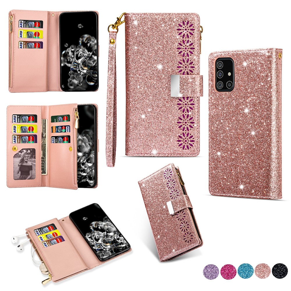 Glittery Starry Style Laser Carving Leather Unique Shell for Samsung Galaxy A31 - Rose Gold