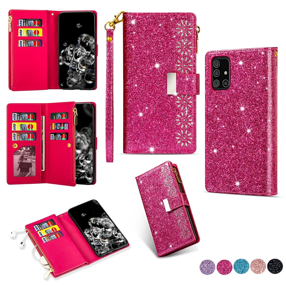 Glittery Starry Style Laser Carving Leather Unique Shell for Samsung Galaxy A31 - Rose