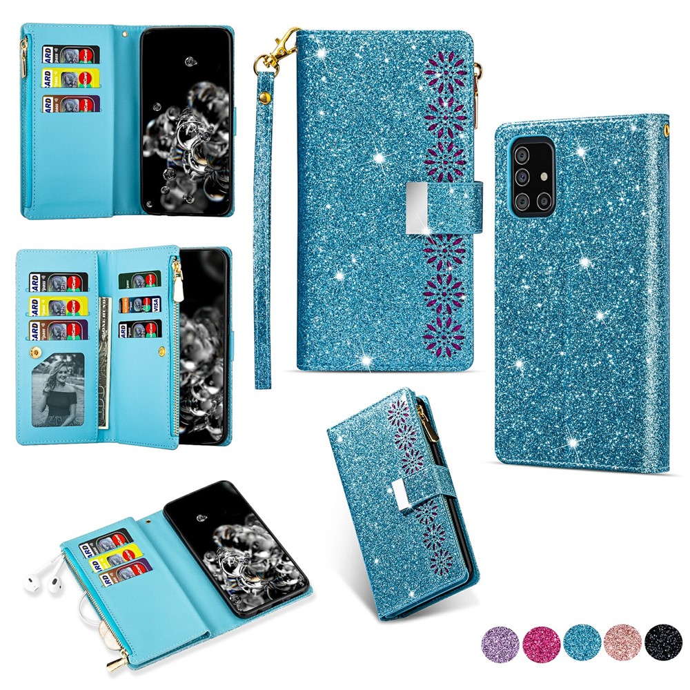 Glittery Starry Style Laser Carving Leather Unique Shell for Samsung Galaxy A31 - Blue
