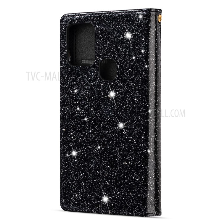 Glittery Starry Style Laser Carving Leather Cover for Samsung Galaxy A21s - Black-9