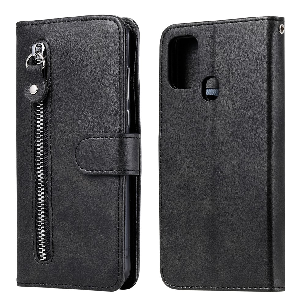 Zipper Pocket Leather Wallet Stand Case for Samsung Galaxy M31 - Black-1