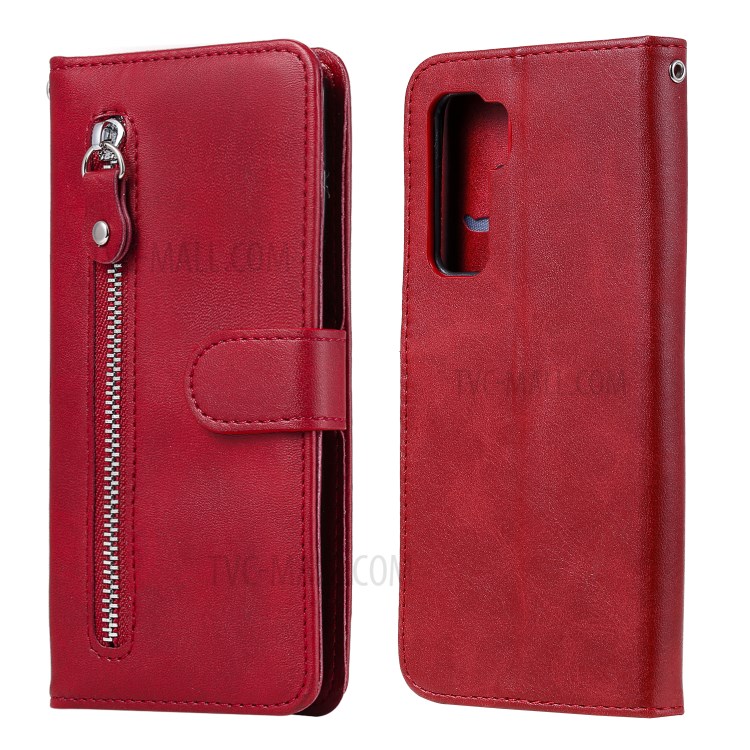 Zipper Pocket Wallet Leather Stand Case for Huawei P40 Lite 5G/nova 7 SE - Red-1