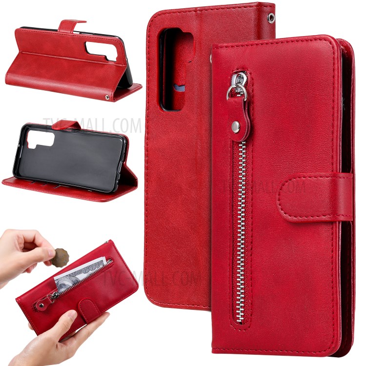 Zipper Pocket Wallet Leather Stand Case for Huawei P40 Lite 5G/nova 7 SE - Red-15