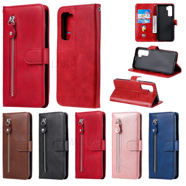 Zipper Pocket Wallet Leather Stand Case for Huawei P40 Lite 5G/nova 7 SE - Red-16